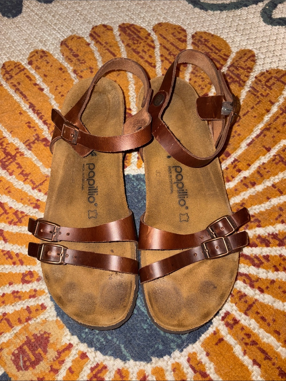 Papillio Brown Leather Triple-Strap Adjustable Sandals